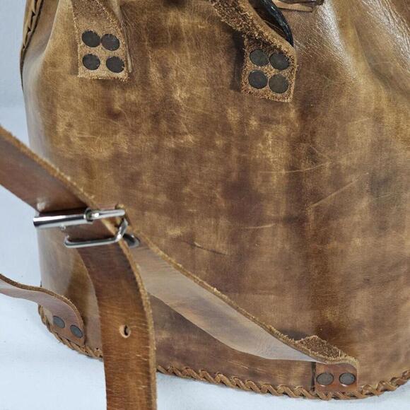 Vintage Handmade In Mexico Sturdy Brown Leather Backpack Cinch & Buckle - Picture 8 of 14